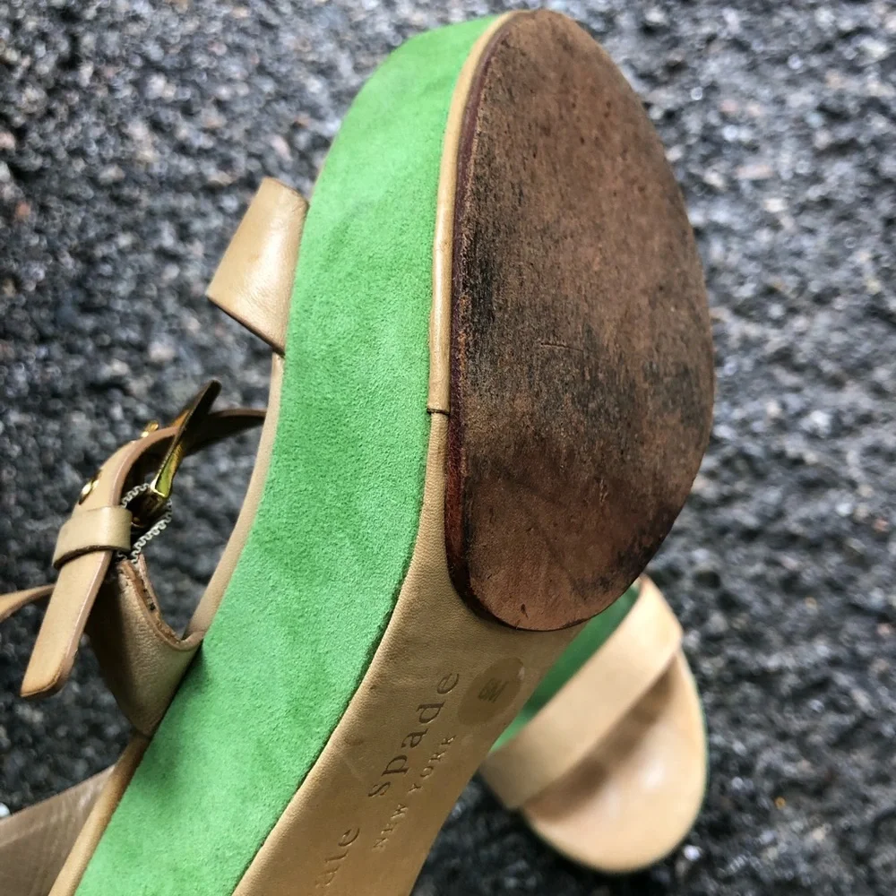 kate spade Green and Tan Suede Leather Block Heel Sandals